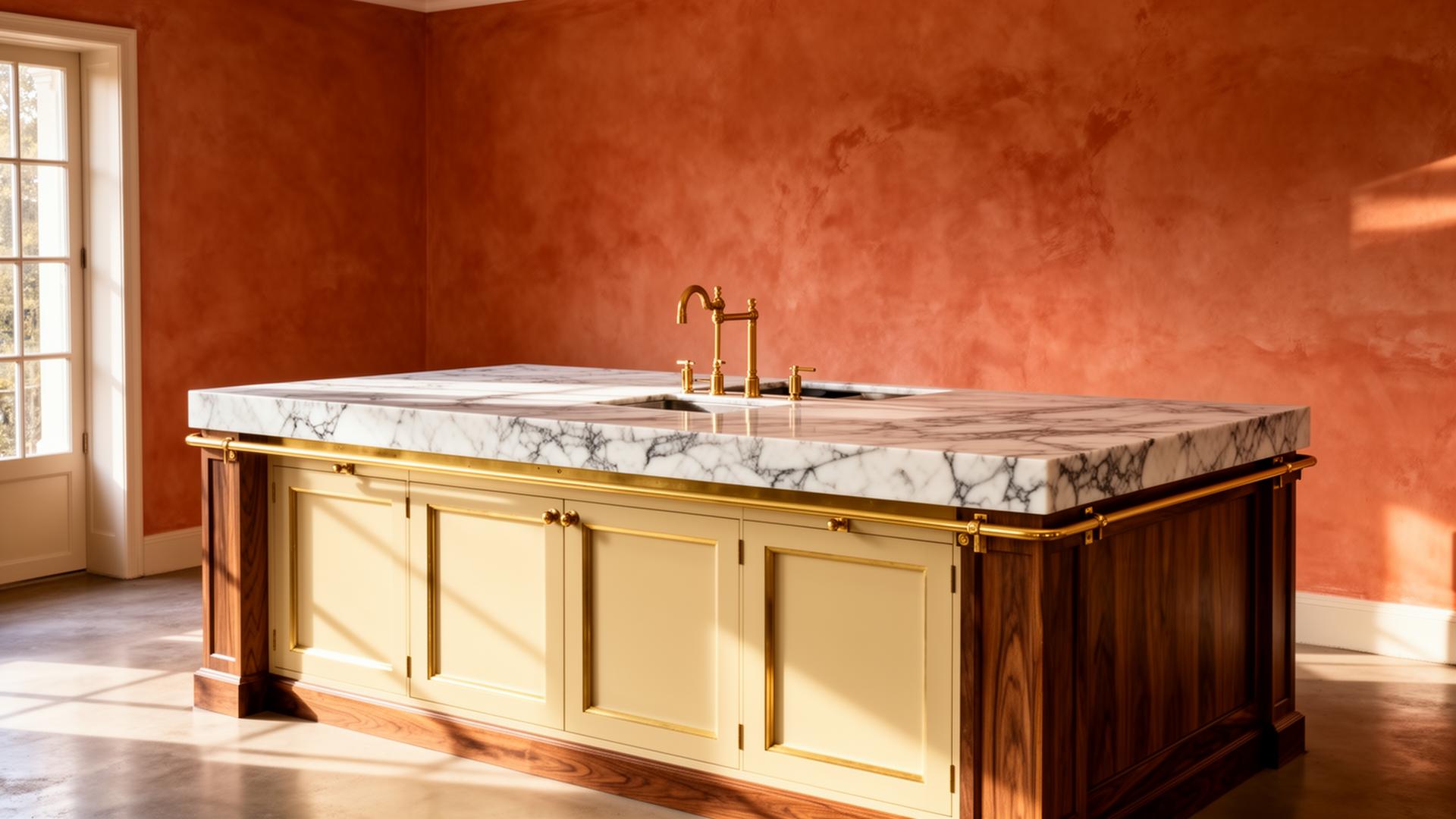 Custom kitchen island with stone surface and wood cabinetry