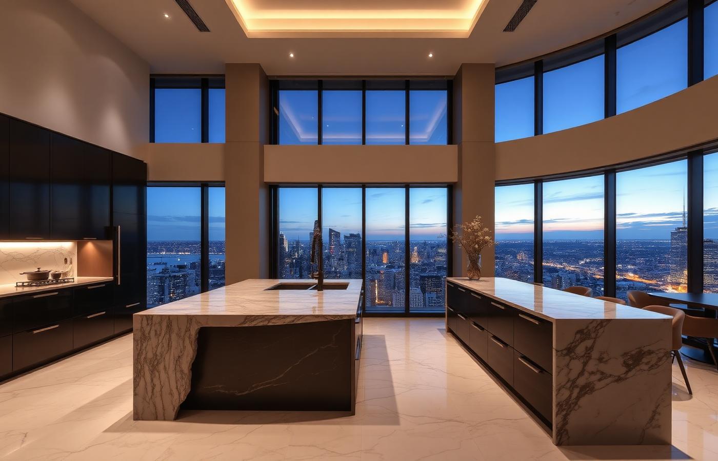 Stone waterfall kitchen island